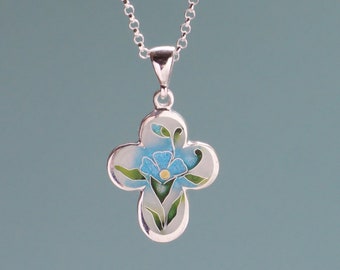 Silver Cloisonne Cross Necklace, Blue Floral Cross Pendant, Women's Orthodox Cross, Handmade Christian Jewelry, Georgian Enamel Silver Cross