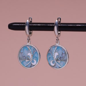 Sterling Silver Enamel Earrings, Blue Cloisonne Earrings, Gift For Her,  Unique Dangle Earrings, Handmade Enameled Earrings, Minankari