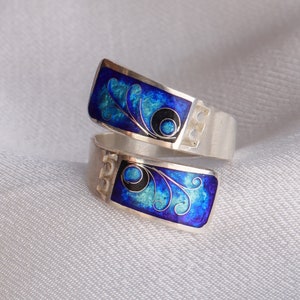 Blue Enamel Ring, Georgian Cloisonne Enamel, Sterling Silver Adjustable Ring, Handmade Unique Jewelry, Dainty Ring, Cloisonne Enamel