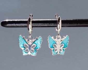 Sterling Silver Butterfly Earrings, Blue Butterfly Jewelry, Gift For Her, Anniversary Gift, Silver Dangle Earrings, Tbilisi Cloisonne Enamel