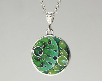 One Of A Kind Cloisonne Necklace, Georgian Cloisonne Enamel, Fine Silver Enamel Pendant, Unique Handmade Jewelry, Green Handmade Necklace