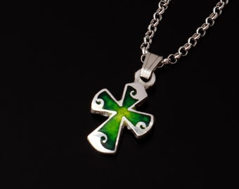 Orthodox Cross Necklace, Handmade Jewelry, Green Enamel Cross, Silver Cross Pendant, Georgian Enamel Cross, Minankari, Tiny Cross Necklace