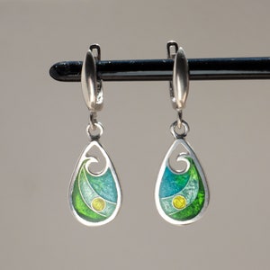 Sterling Silver Enamel Earrings, Green And Blue Earrings, Handmade Cloisonne Earrings, Gift For Women, Anniversary Gift, Drop Earrings