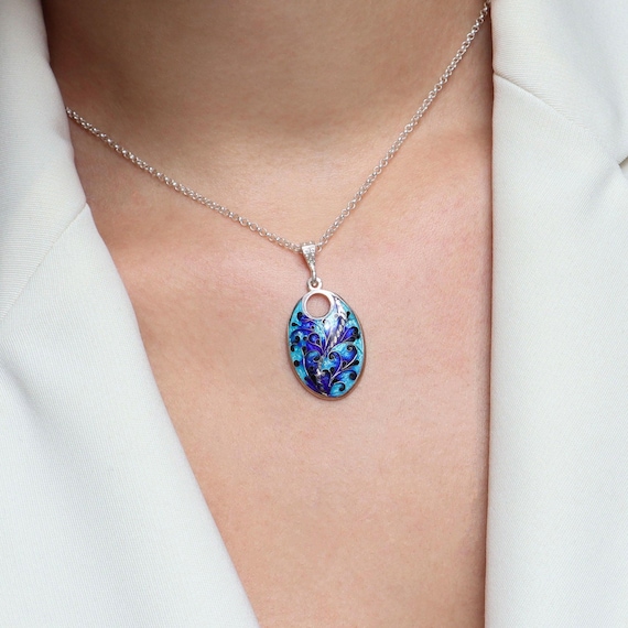 Blue Enamel Necklace, Handmade Jewelry, Sterling Silver Pendant