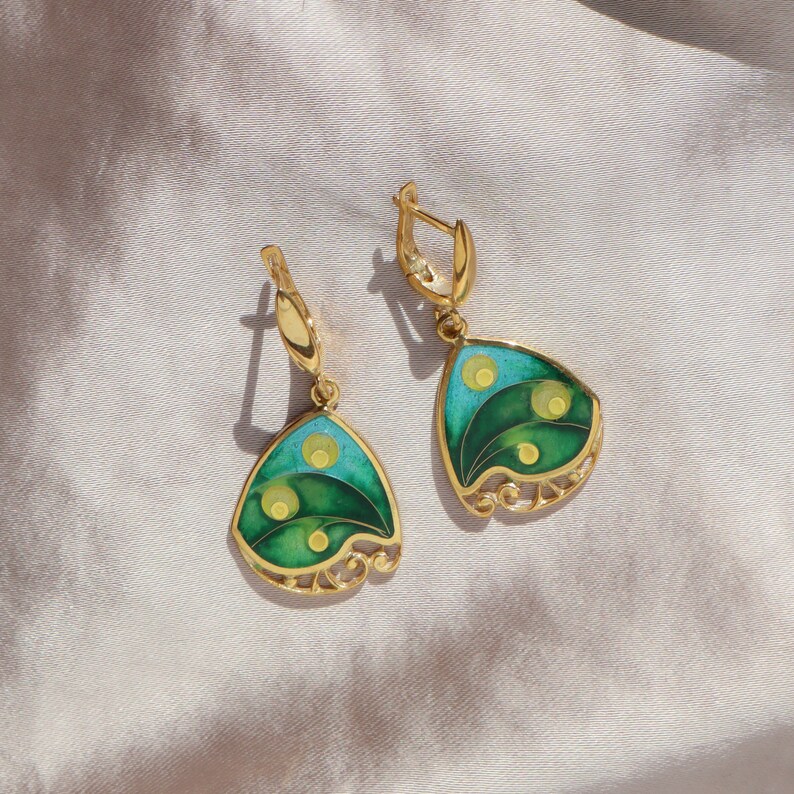 Gold Dangle Earrings, Modern Cloisonne Earrings, Georgian Enamel, Handmade Earrings, Green Earrings Dangle, Abstract Silver Enamel Earrings image 3