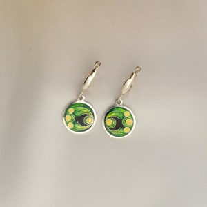 Green Cloisonne Enamel Earrings, Unique Handmade Earrings, Georgian Cloisonne, Geometric Earrings, Round Abstract Earrings, Silver Enamel image 10