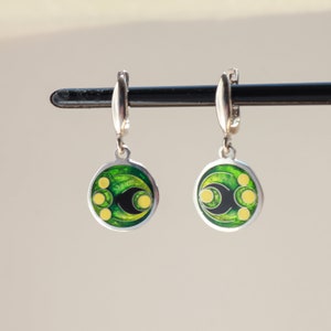 Green Cloisonne Enamel Earrings, Unique Handmade Earrings, Georgian Cloisonne, Geometric Earrings, Round Abstract Earrings, Silver Enamel image 2