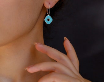 Silver Turquoise Enamel Earrings, Round Dangle Drop Earrings, Gift For Her, Handmade Sterling Silver Jewelry, Cloisonne Earrings, Minankari