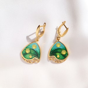 Gold Dangle Earrings, Modern Cloisonne Earrings, Georgian Enamel, Handmade Earrings, Green Earrings Dangle, Abstract Silver Enamel Earrings image 5