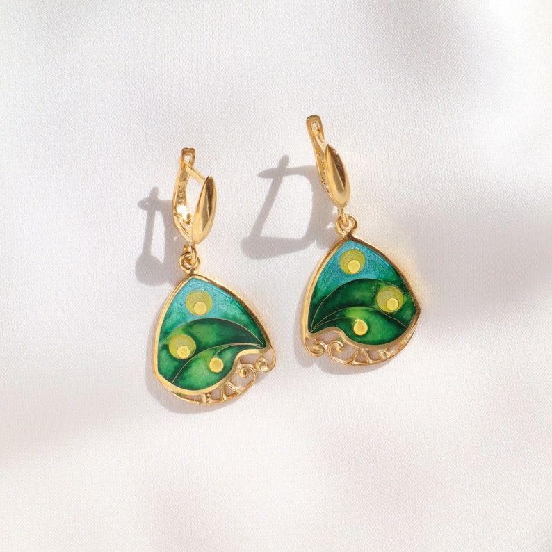 Gold Dangle Earrings, Modern Cloisonne Earrings, Georgian Enamel, Handmade Earrings, Green Earrings Dangle, Abstract Silver Enamel Earrings image 1