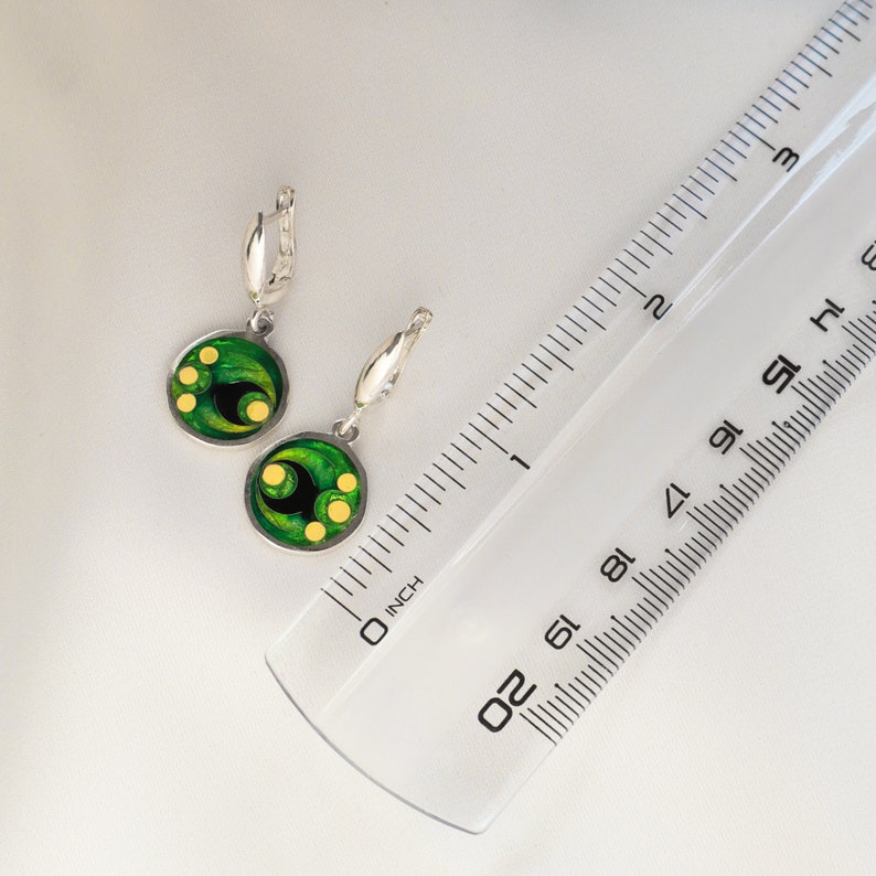 Green Cloisonne Enamel Earrings, Unique Handmade Earrings, Georgian Cloisonne, Geometric Earrings, Round Abstract Earrings, Silver Enamel image 5