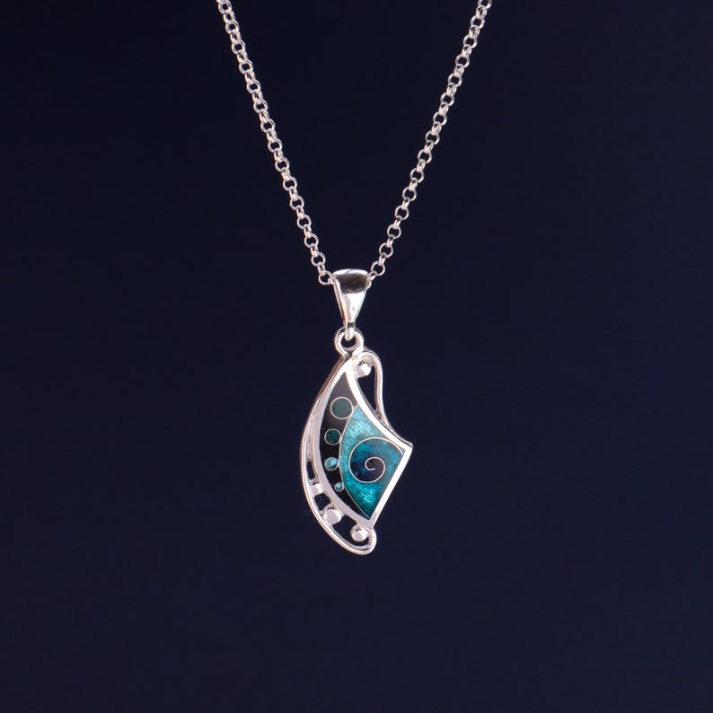 Blue Enamel Pendant, Sterling Silver Necklace, Handmade Jewelry, Gift For Her, Unique Silver Pendant, Cloisonne Enamel, Tbilisi Gift image 1