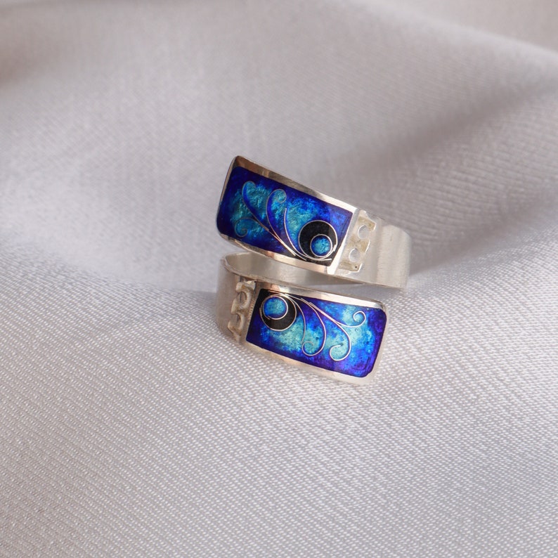 Blue Enamel Ring, Cloisonne Enamel, Sterling Silver Adjustable