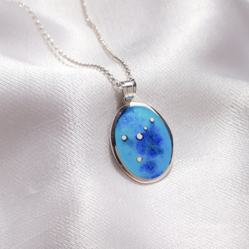 Zodiac Constellation Necklace, Cancer Zodiac Necklace, Sterling Silver Zodiac Necklace, Enamel Pendant, Cancer Enamel Necklace, Blue Pendant image 1