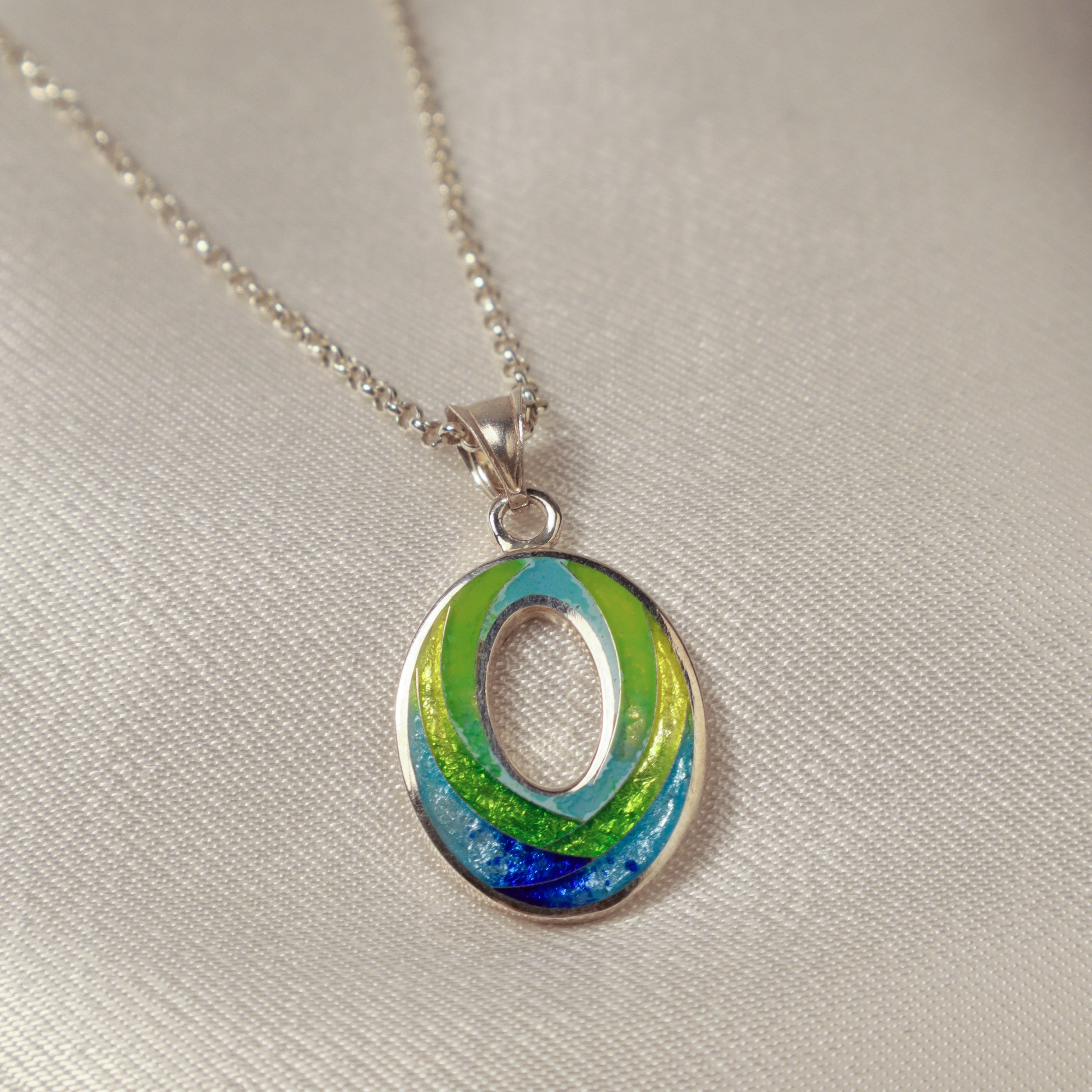 Cloisonne Necklace, Sterling Silver Oval Pendant, Jewelry Handmade