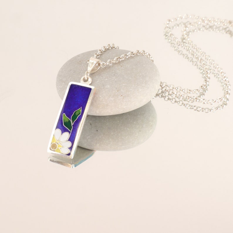 Birth Flower Necklace, Daisy Necklace, Sterling SIlver Pendant, Georgian Cloisonne Enamel, Enamel Silver Pendant, Necklaces For Women, image 4