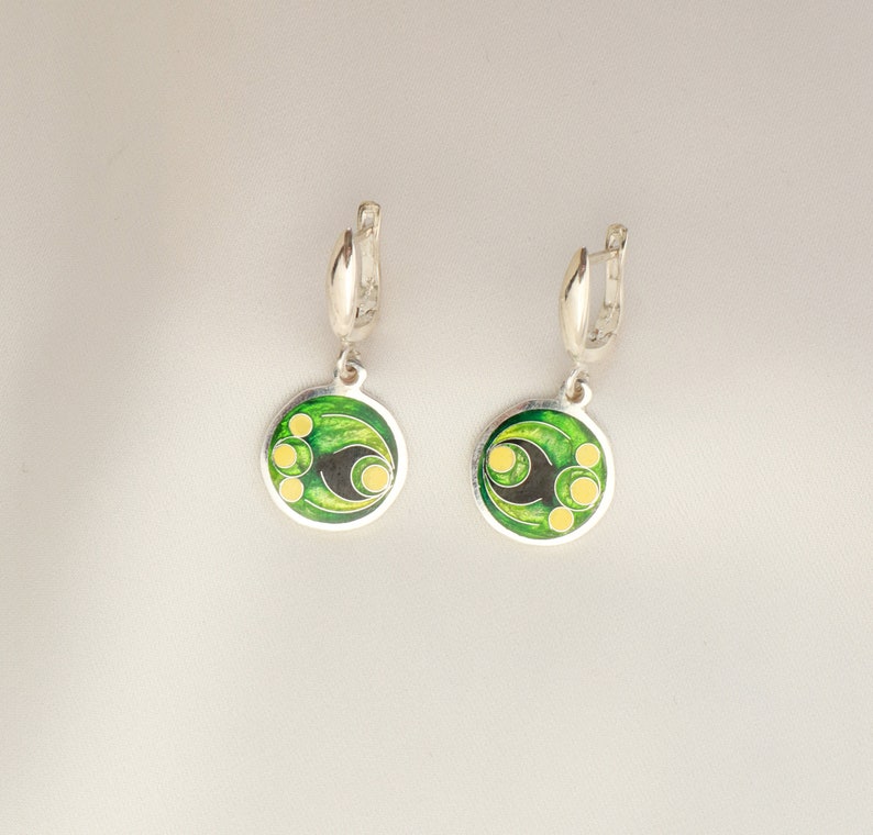 Green Cloisonne Enamel Earrings, Unique Handmade Earrings, Georgian Cloisonne, Geometric Earrings, Round Abstract Earrings, Silver Enamel image 9