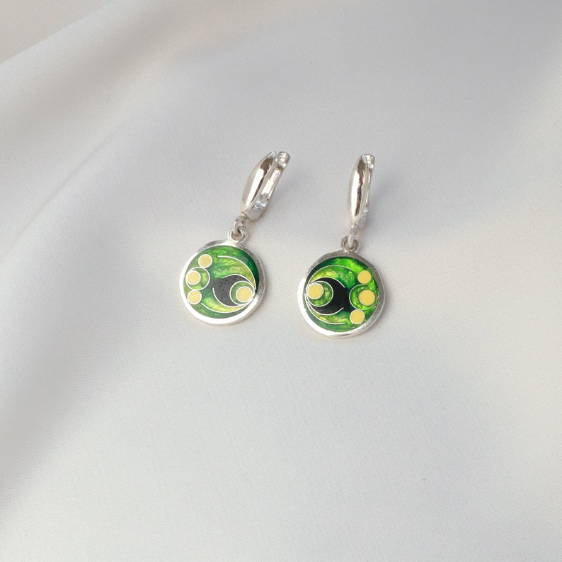 Green Cloisonne Enamel Earrings, Unique Handmade Earrings, Georgian Cloisonne, Geometric Earrings, Round Abstract Earrings, Silver Enamel image 6