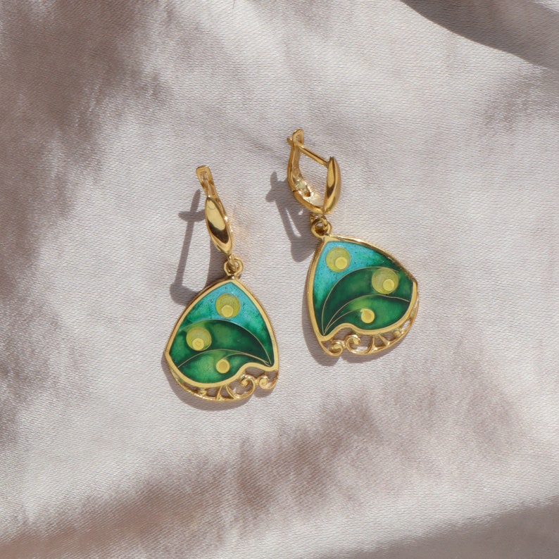 Gold Dangle Earrings, Modern Cloisonne Earrings, Georgian Enamel, Handmade Earrings, Green Earrings Dangle, Abstract Silver Enamel Earrings image 10
