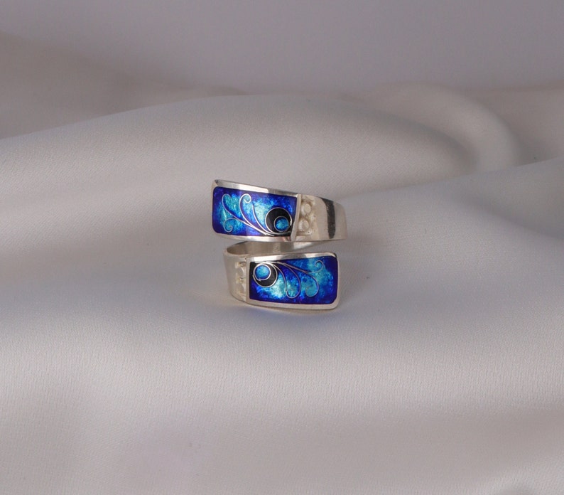 Blue Enamel Ring, Cloisonne Enamel, Sterling Silver Adjustable