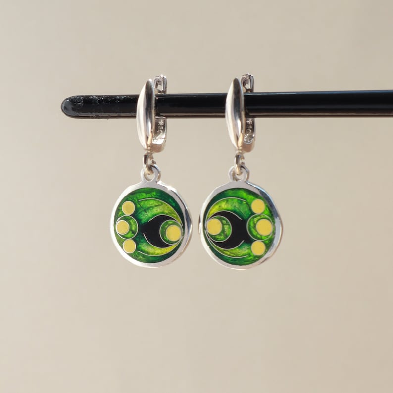 Green Cloisonne Enamel Earrings, Unique Handmade Earrings, Georgian Cloisonne, Geometric Earrings, Round Abstract Earrings, Silver Enamel image 1