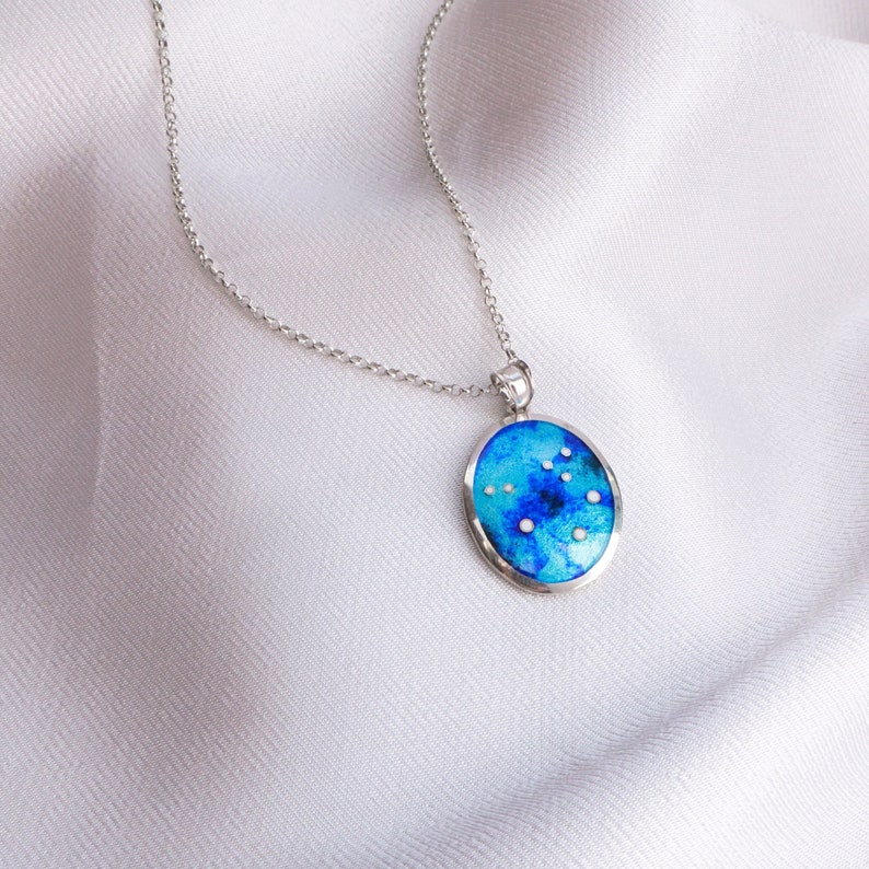 Zodiac Constellation Necklace, Cancer Zodiac Necklace, Sterling Silver Zodiac Necklace, Enamel Pendant, Cancer Enamel Necklace, Blue Pendant image 9