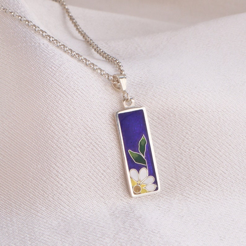 Birth Flower Necklace, Daisy Necklace, Sterling SIlver Pendant, Georgian Cloisonne Enamel, Enamel Silver Pendant, Necklaces For Women, image 1