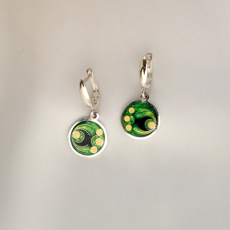 Green Cloisonne Enamel Earrings, Unique Handmade Earrings, Georgian Cloisonne, Geometric Earrings, Round Abstract Earrings, Silver Enamel image 7