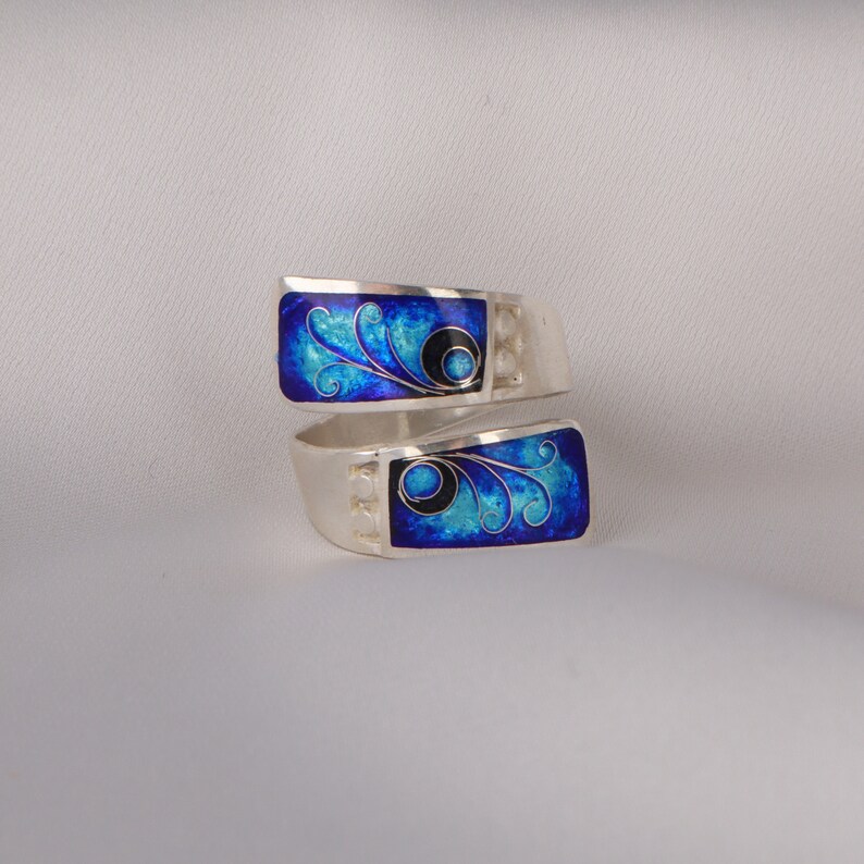 Blue Enamel Ring, Cloisonne Enamel, Sterling Silver Adjustable