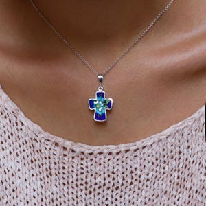 Cloisonne Cross Necklace, Silver Cross Pendant, Orthodox Cross Necklace, Handmade Sterling Silver Jewelry, Floral Enamel Cross, Minankari image 2