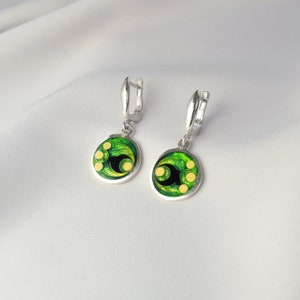 Green Cloisonne Enamel Earrings, Unique Handmade Earrings, Georgian Cloisonne, Geometric Earrings, Round Abstract Earrings, Silver Enamel image 8