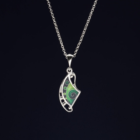 Green Enamel Pendant, Sterling Silver Necklace, Handmade Jewelry, Gift For Her, Modern Silver Pendant, Minankari, Tbilisi Souvenir