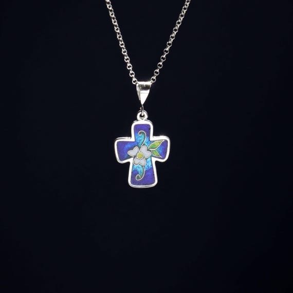 Cloisonne Cross Necklace, Silver Cross Pendant, Orthodox Cross Necklace, Handmade Sterling Silver Jewelry, Floral Enamel Cross, Minankari