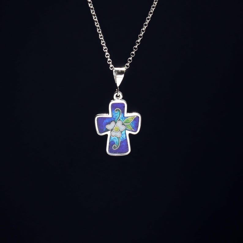 Cloisonne Cross Necklace, Silver Cross Pendant, Orthodox Cross Necklace, Handmade Sterling Silver Jewelry, Floral Enamel Cross, Minankari image 1