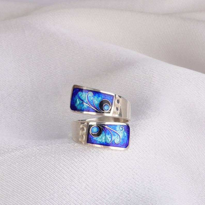 Blue Enamel Ring, Cloisonne Enamel, Sterling Silver Adjustable