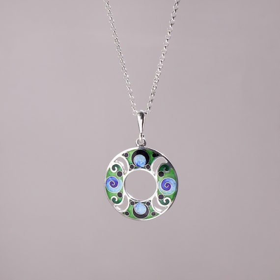 Contemporary Blue and Green Enamel Necklace, Modern Enamel Pendant