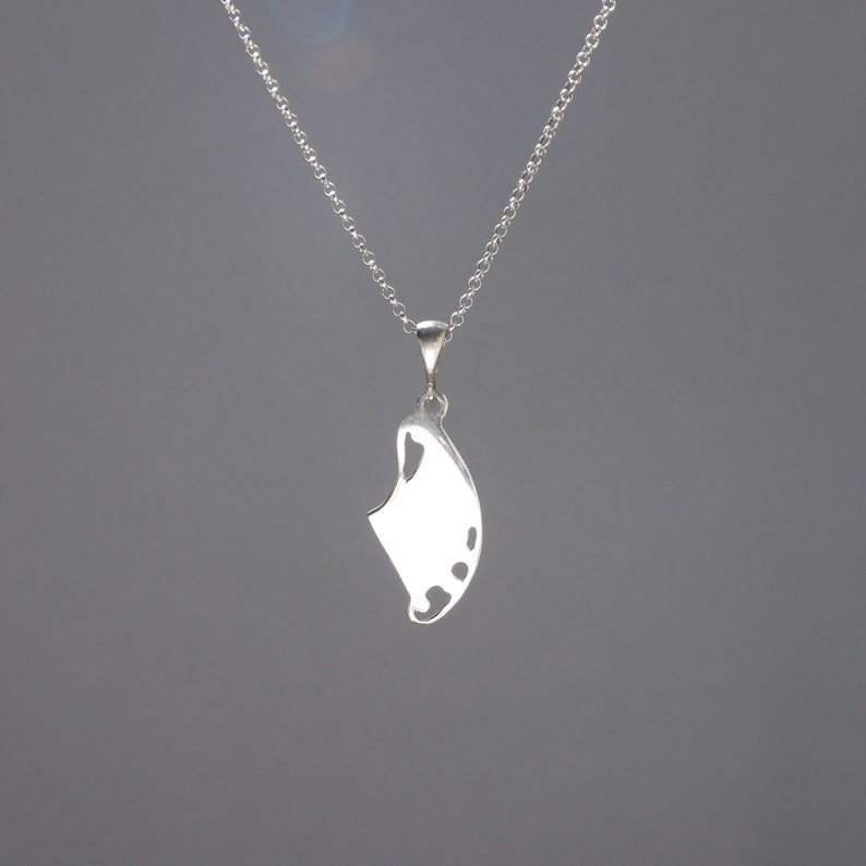 May include: A silver-coloured pendant shaped like a manta ray suspended from a delicate matching silver-coloured chain. The pendant features a smooth, polished surface with cut-out details along the lower edge, creating a distinct silhouette.