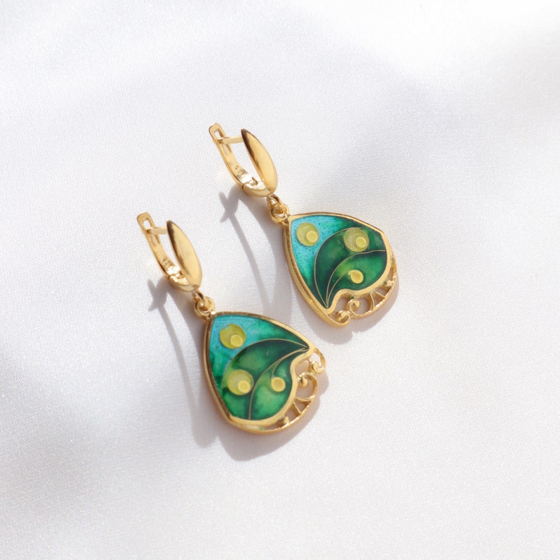 Gold Dangle Earrings, Modern Cloisonne Earrings, Georgian Enamel, Handmade Earrings, Green Earrings Dangle, Abstract Silver Enamel Earrings image 4