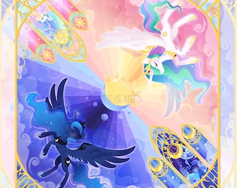 May include: A colorful illustration of three ponies, each representing a different time of day. The pony on the top right is a light pink and green pony with a golden mane and tail, representing the sun. The pony on the bottom left is a dark blue and purple pony with a black mane and tail, representing the moon. The pony in the center is a white pony with a rainbow mane and tail, representing the day. The illustration is surrounded by a golden frame with the words "Day" and "Night" on the top and bottom, and "Moon" and "Sun" on the left and right.