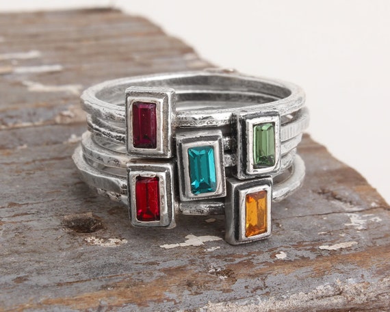 Rectangle Birthstone Ring Stack Ring Sterling Silver Ring Mother Ring Stacking Ring Grandmother Ring Crystal Ring Stackable Etsy