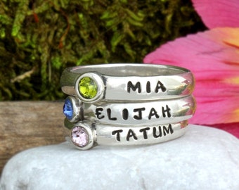 Hand-Stamped Ring | Birthstone Ring|  Name Ring | Sterling Silver Ring | Personalized Ring | Mother Ring | Stacking Ring | Grandmother Ring