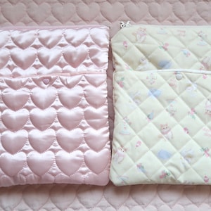 Handmade Quilted iPad Air 10.9 inch Case: Pink Heart Satin, Yellow Kitty pastel Cat waterproof