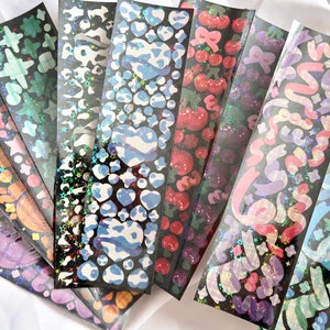 Holographic cute kawaii stars decorate cow print heart cherry ribbon Kpop confetti deco Bujo polcos toploader sticker sheet