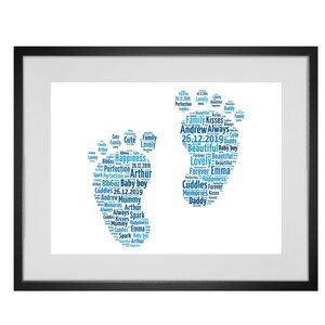 Personalised New Baby Boy Feet Footprint Word Art Print