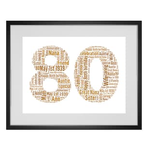 Puede incluir: Una nube de palabras dorada en forma del número 80. Las palabras incluyen "Feliz cumpleaños número 80", "Nana", "Amigo", "Hermana", "Esposa", "Tía", "Familia", "Especial", "1 de mayo de 1939", "Cariñoso", "Amoroso", "Amable", "Memorables", y "Celebración".