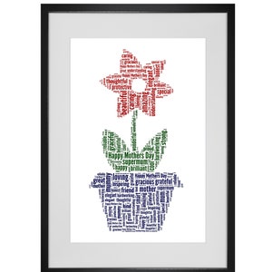 May include: A framed print with a word cloud in the shape of a flower. The word cloud is made up of words that describe a mother, such as "loving", "caring", "grateful", and "supermum". The words are in shades of green, red, and blue. The print is a great gift for Mother's Day.