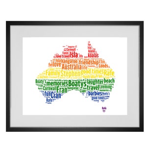Impresión de arte con palabras personalizadas del mapa del orgullo arcoíris de Australia