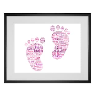 Personalised New Baby Girl Feet Footprint Word Art Print