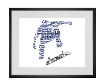 Op de afbeelding: Een blauwe woordwolk in de vorm van een skateboarder die een truc uitvoert. De woordwolk bevat woorden die te maken hebben met skateboarden, zoals "kickflip", "nollie", "ramp", "X-box", "gamer", "cool", "gaaf" en "skateboarden". De naam "Oliver" verschijnt meerdere keren in de woordwolk.