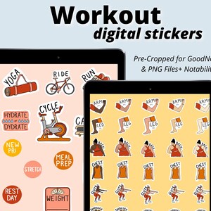 May include: Digital stickers for GoodNotes and Notability apps. The stickers feature illustrations of various workout activities, including yoga, cycling, running, and weightlifting. The stickers are in a bright, colorful style with a yellow background.